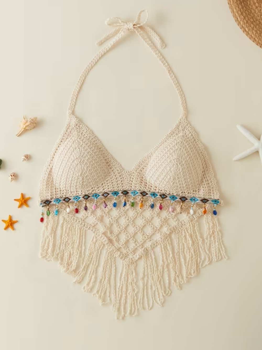 Crochet Fringe Halter Crop Top with Bead Trim - Apricot